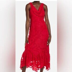 Taylor Red Floral Cowl Jacquard Ruffle Hem Midi Dress NWT Sz 4